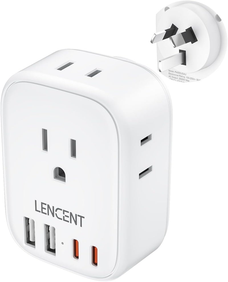 Lencent Australia New Zealand Power Plug Adapter, US To Australia Plug Adapter with 4 Outlets, 4 USB Charger(2 USB C Port), Type I Plug Converter for US to AU Argentina China Fiji, Travel Essentials - Image 1
